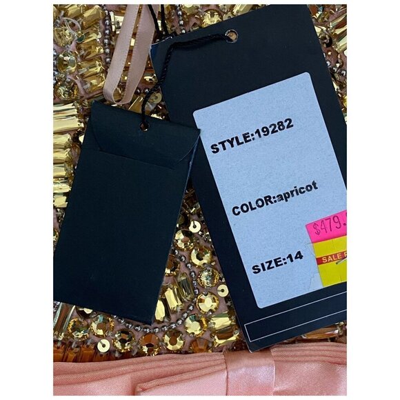 La Femme $480 NWT 19282 Apricot Beaded Chiffon Strapless Formal Gown Sz 14 - Picture 11 of 16